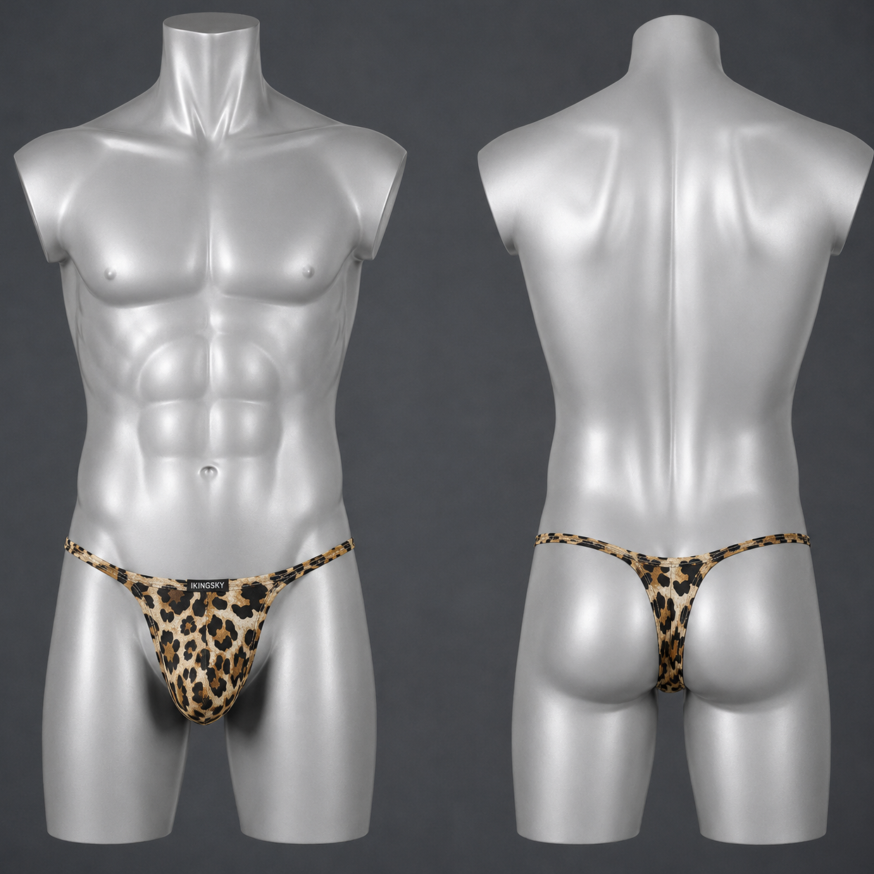 Front and back views of a men's thong underwear in a leopard print pattern, displayed on a silver male torso mannequin against a dark gray background.