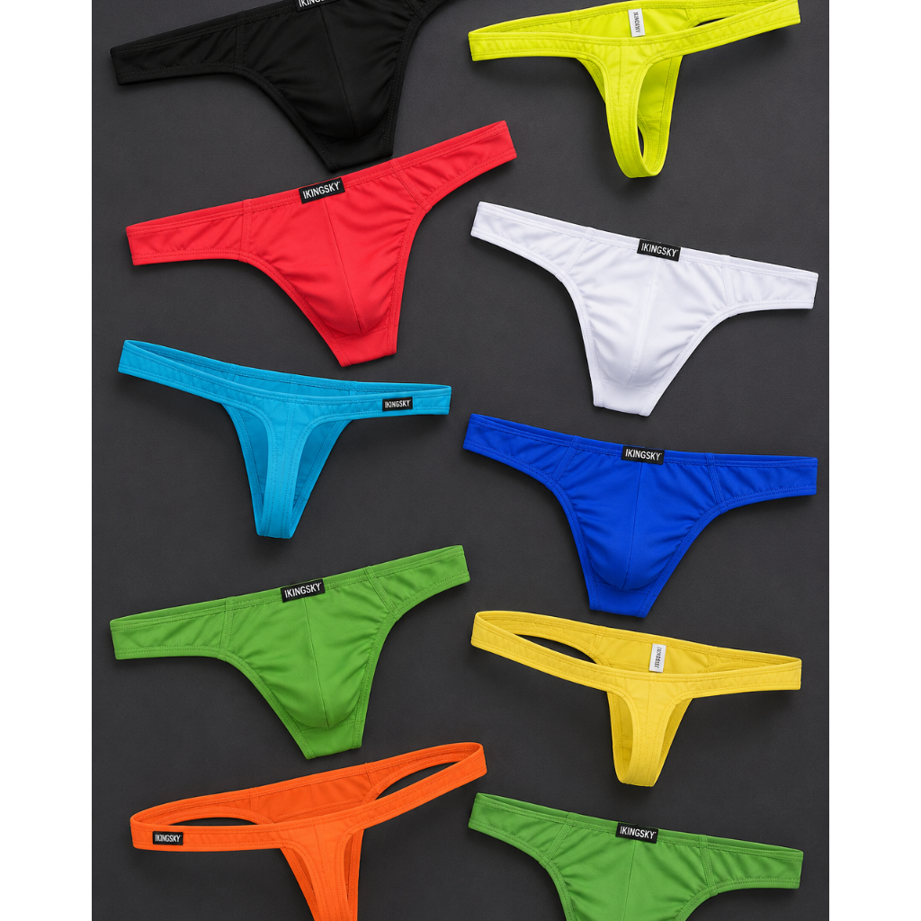 Nine pairs of men's thong-style underwear in different bright colors are arranged in a grid on a dark gray background. The colors include black, neon yellow, red, white, light blue, royal blue, green, orange, and lime green.