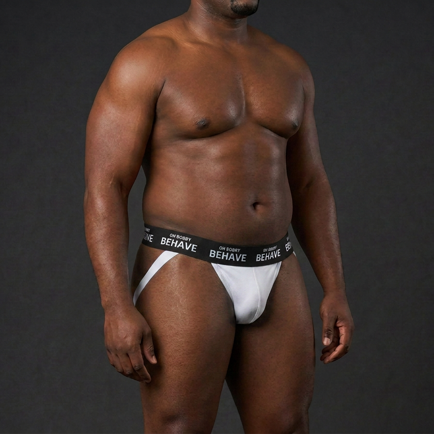 white jockstrap from OH BOBBY BEHAVE on muscular plus size model