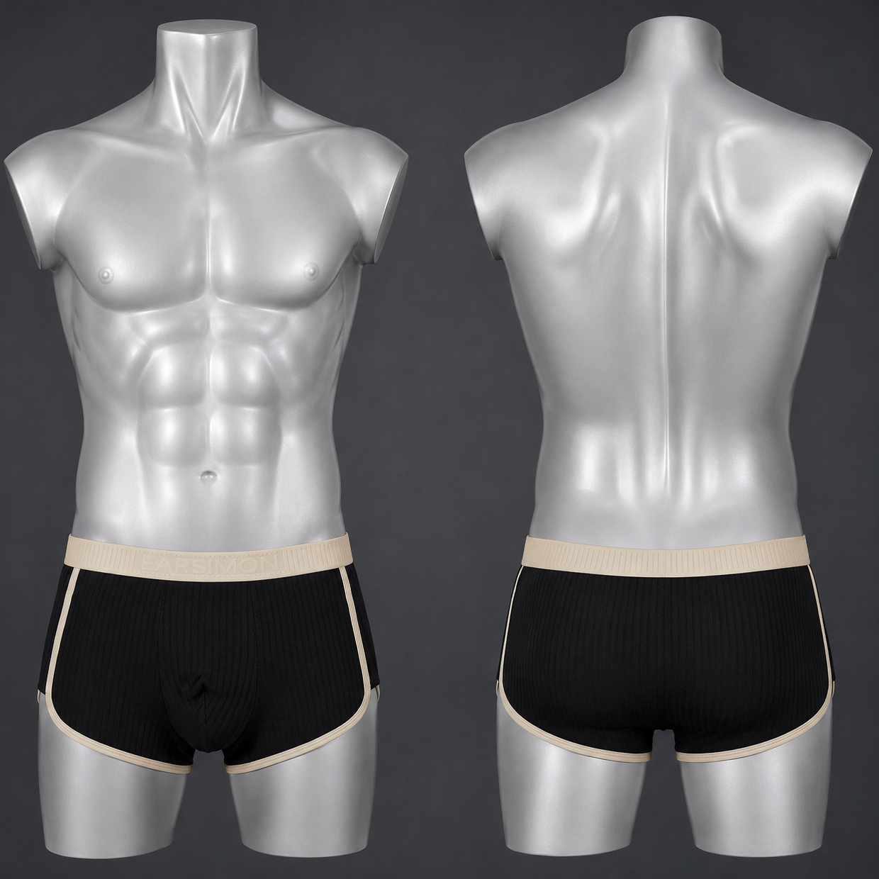 Front and back views of men's black ribbed boxer briefs with beige trim, displayed on silver male mannequins against a dark gray background.