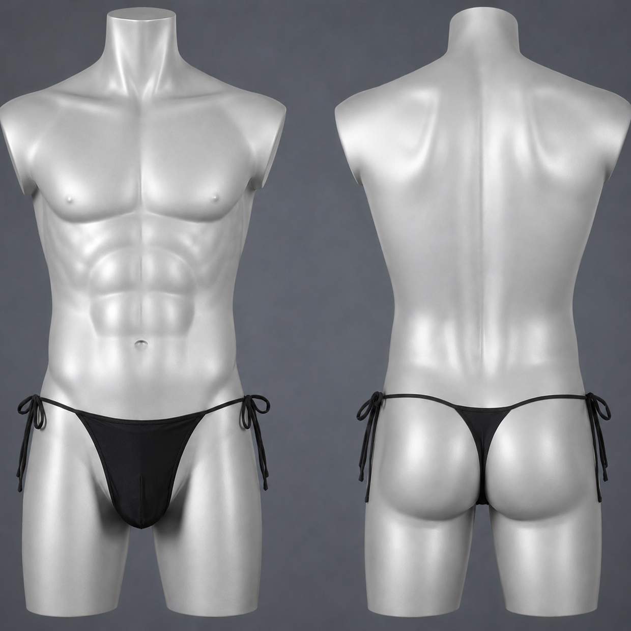 Black men's thong-style swim briefs shown on a glossy white male mannequin, with front and back views against a dark gray background.