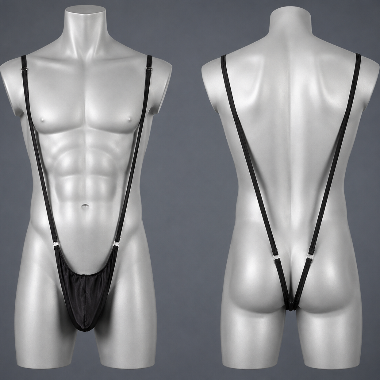 Black mesh suspender-style underwear shown on a silver mannequin torso, with front and back views against a plain gray background.
