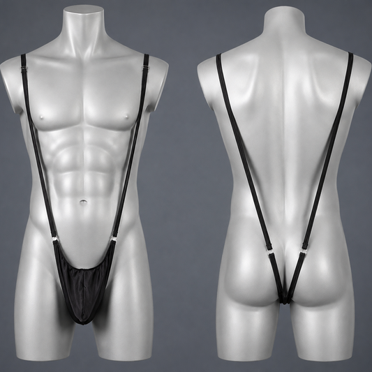 Black mesh suspender-style underwear shown on a silver mannequin torso, with front and back views against a plain gray background.