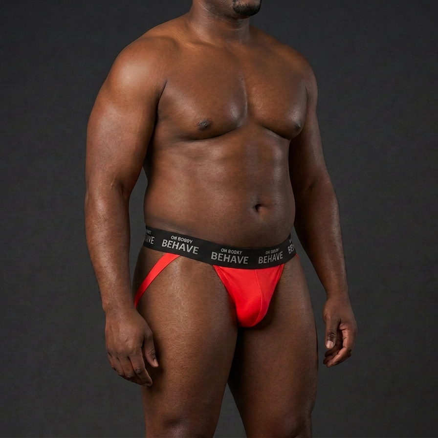 A muscular plus size man wearing red briefs with a black waistband featuring the brand name 'OH BOBBY BEHAVE', photographed against a dark gray studio background.