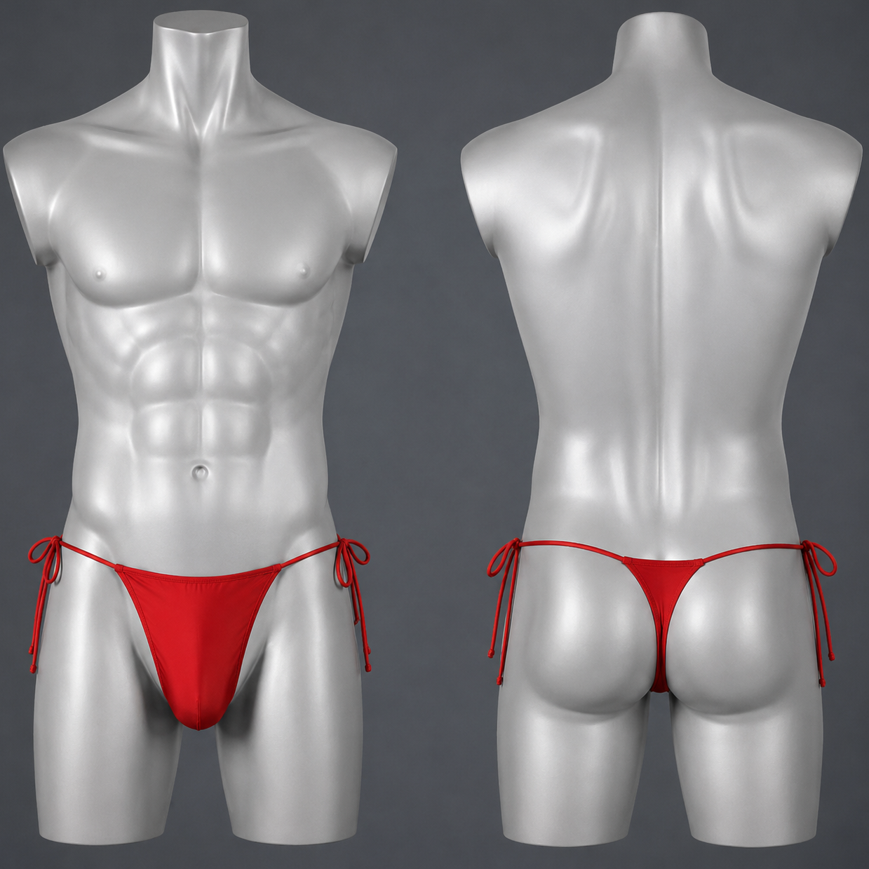 Red string bikini briefs shown on two glossy gray male mannequins, with front and back views, against a dark gray studio background.