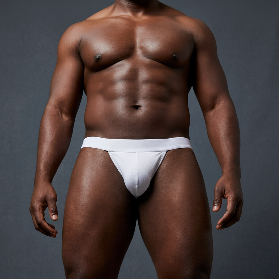 A muscular male model wearing a white low-rise brief, standing against a dark gray studio background.