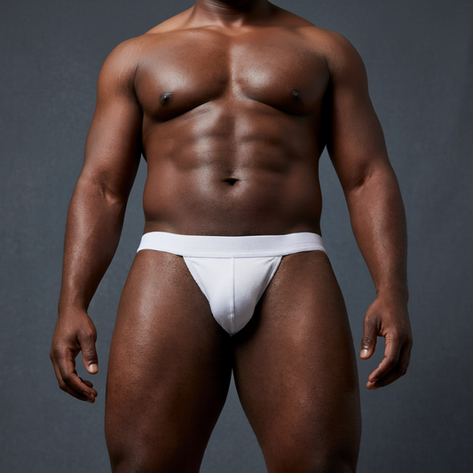 A muscular male model wearing a white low-rise brief, standing against a dark gray studio background.