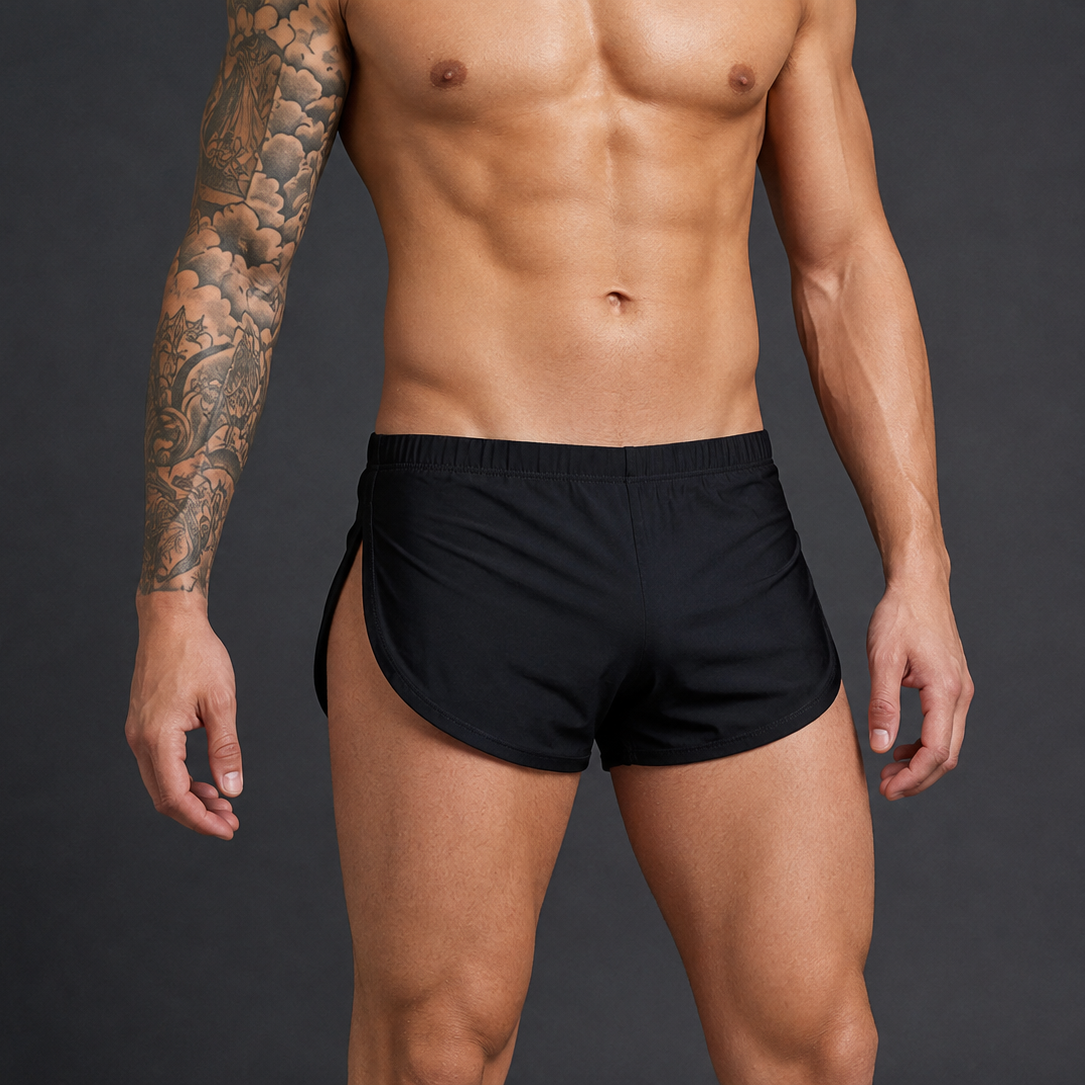 A close-up of a muscular man wearing black athletic shorts against a dark gray studio background.
