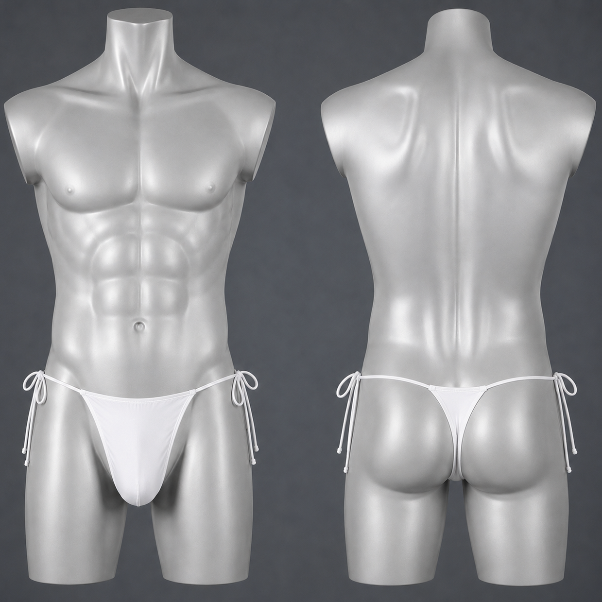 White men's bikini briefs shown on a glossy gray male mannequin, with front and back views side by side against a dark gray background.